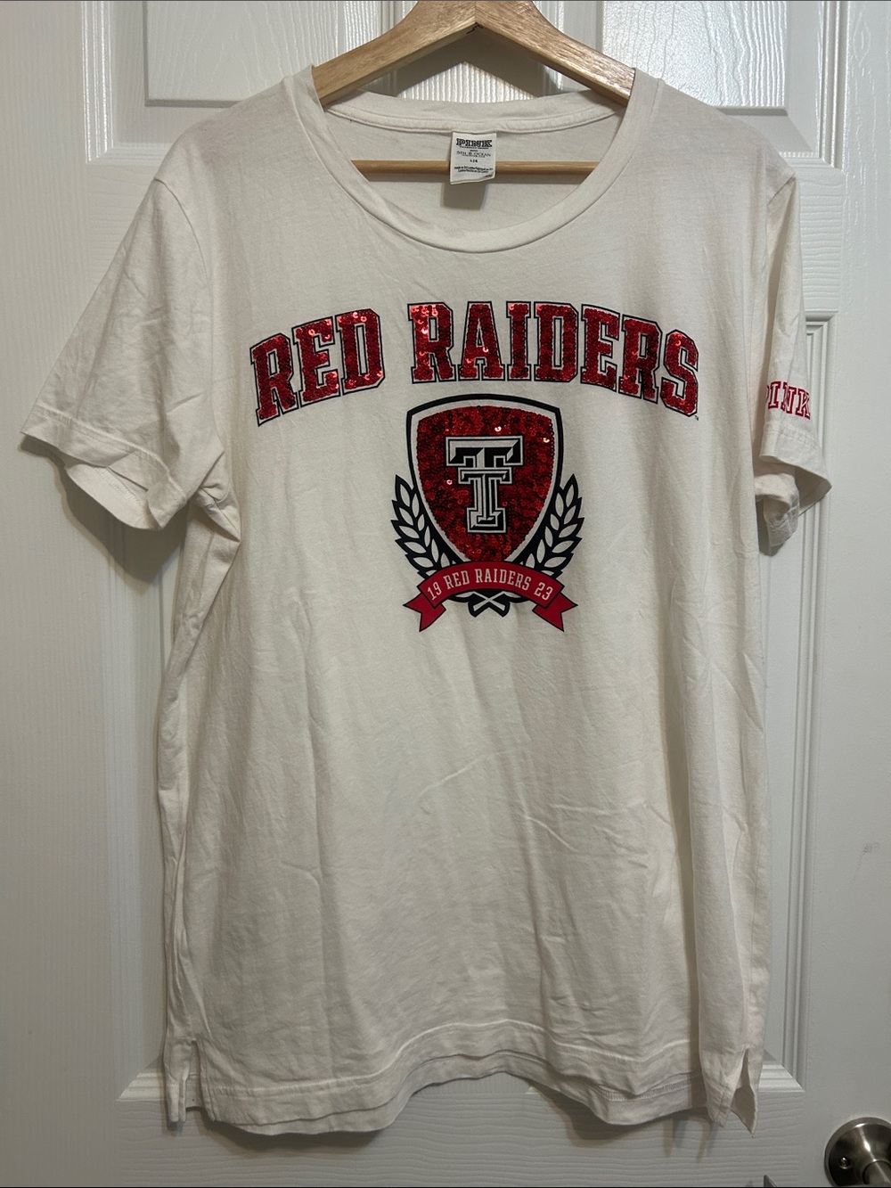 Victorias Secret Red Raiders White Graphic Tee with Red Crest with sequins LG